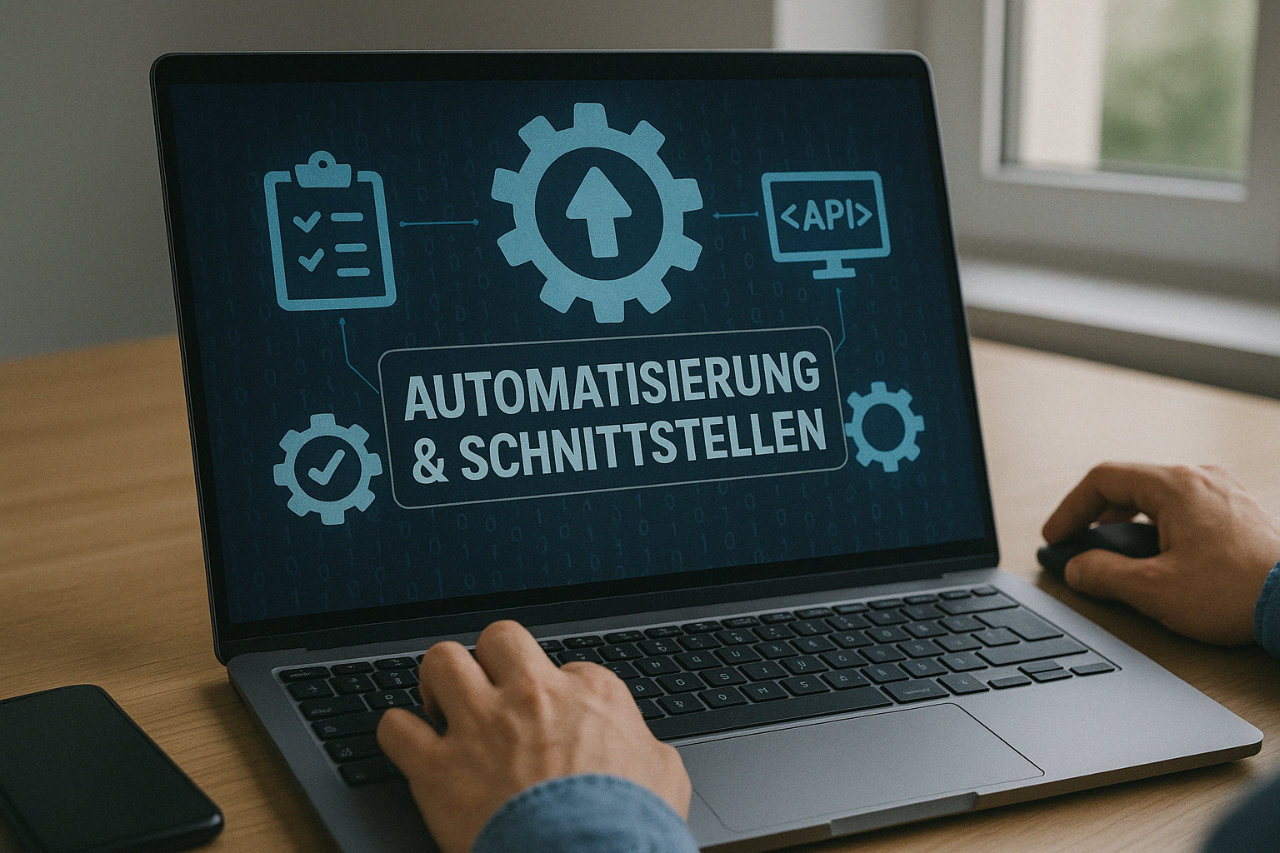 Zeigt ein Notebook mit dem Text Automatisierung und Schnittstellen