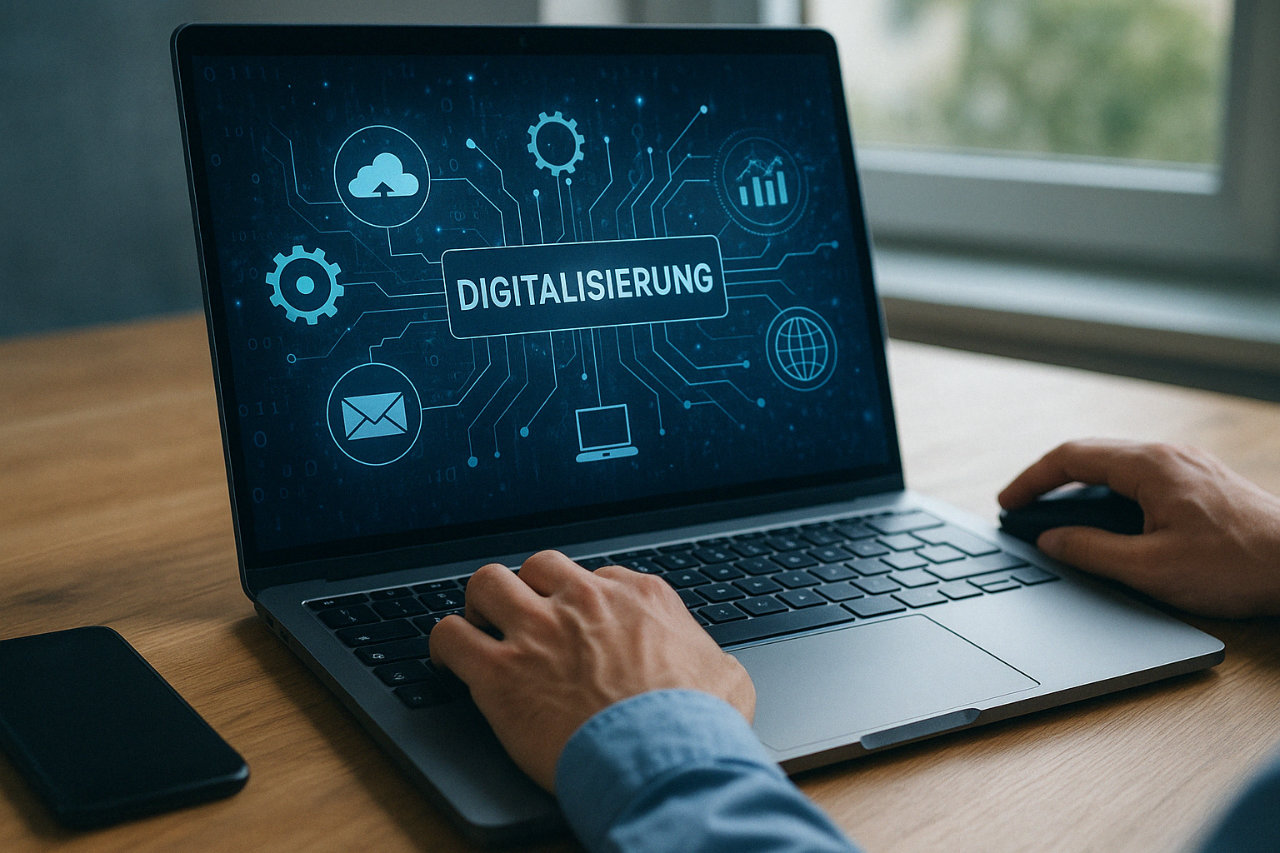 Zeigt ein MacBook mit dem Text Digitalisierung