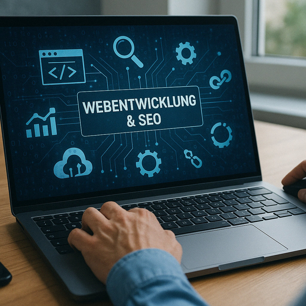 Zeigt ein Notebook mit dem Text Webentwicklung & SEO
