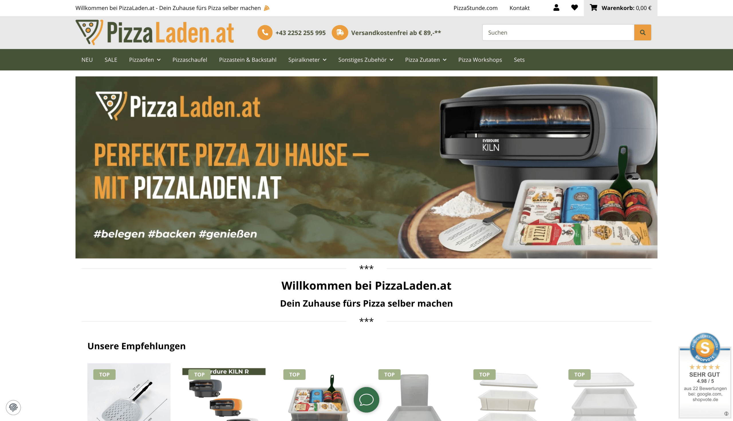 Screenshot des Onlinshop PizzaLaden.at